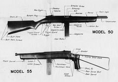 Nomenclature of the Model 50 and 55 Reising Submachine Guns from course material issued to Reserve Officer Candidates at MCB, Quantico, in mid-World War II.