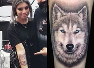Her sixth tattoo is a portrait of her dog Olaf on her right forearm. She got the tattoo by artist Stefano Alcantara in August 2016.