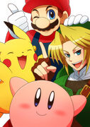 Mario, Kirby, Link, and Pikachu