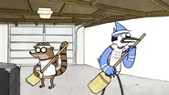 Mordecai wearing a sweatband and his Mordecai and the Rigbys t-shirt in "Mordecai and the Rigbys"