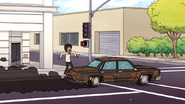 S7E08.151 Muscle Man Driving Pass a Jaywalker