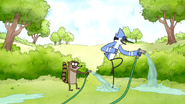 S6E06.002 Rigby Spraying Mordecai with Water