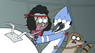 S7E05.375 Mordecai and Rigby Getting Hit with Knockout Darts