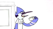 Mordecai wearing a "Fist Pump" t-shirt briefly in "Caffeinated Concert Tickets"