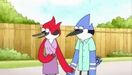 Mordecai wearing a green shirt to Margaret's family BBQ in "Family BBQ"