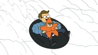 Little Eileen snow tubing with her father, where the inertia worked against them, causing her to fly off and get a scar on her elbow