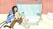 S4E17.066 Mordecai and Rigby Pushing Gregg Towards a Bathtub