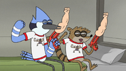 Mordecai wearing a Fist Pump t-shirt in "Stuck in an Elevator"