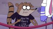 Rigby pulling on his party shirt