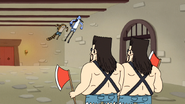 S4E13.201 Mordecai and Rigby Leaping Towards the Twin Guards