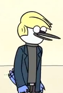 Mordecai with blonde hair and wearing a suit similar to the other blondes in "Bet To Be Blonde"