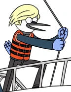 Mordecai with blonde hair wearing a life jacket over his suit in "Bet to be Blonde"