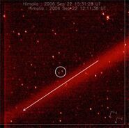 Image taken by New Horizons in 2006 showing possible evidence of the Himalia ring. The arrow is pointing towards Jupiter while Himalia (double exposed) is circled.