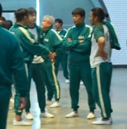 Player 003, Player 034, Player 187 and Player 004 talking after their return to the games