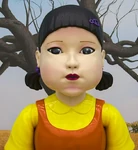 A closeup of Young-hee as seen in Squid Game:The Challenge
