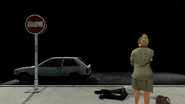 Side view of Mariella considering the Strange Man. The blackness in the background is the regular skybox on the map, which is not seen during the ending.