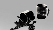 Two The Stanley Parable 2 mugs, one is spilled, second one is standing straight, and has a picture of stairs from the Zending.