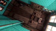 Overhead view of the Boss's Office, but the usually red wallpaper is in turquoise.