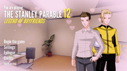 The Stanley Parable 12 title screen. Reminiscent of a Dating Sim[1]. The two characters on this screen are Stanley and The Adventure Line™.[2]