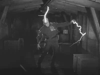 The creature is electrocuted by the men