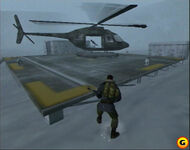 Militarized helicopter lands on a helipad, The Thing (video-game).