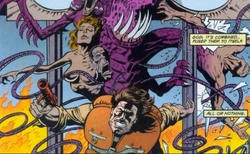 The Jenny-Thing, a huge monstrosity consisting of several fused bodies, confronts MacReady