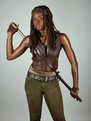 Michonne con su vestimenta característica.