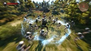 Geralt empurrando um grupo de nekkers, com sinal Aard em The Witcher 3: Wild Hunt