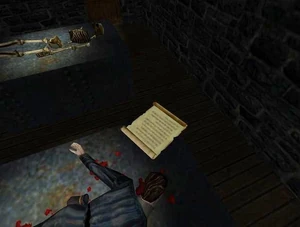 An image of a skeleton and a dead body in the morgue of Shoalsgate Station.