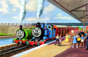 Thomas und Percy am Bahnhof vom Hafen von Knapford