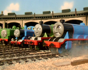 Gordon, Thomas, Henry, duck, (note Gordon’s buffers are crooked and duck switched his place)