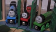 James being teased by Henry and Gordon in Tidmouth Sheds