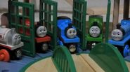 Stanley with James, Thomas, Edward, and Percy in Tidmouth Sheds