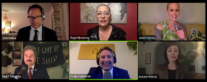 (Top) Joshua Malina, Paget Brewster, Janet Varney, (Bottom) Paul F. Tompkins, Craig Cackowski and Autumn Reeser perform TAH Live from their homes.