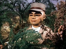 The Hood, wearing a cap and beige jacket, hides in the undergrowth behind a rock