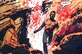 Scott Tracy, shirtless, emerges from the erupting volcano, an explosion of lava behind him