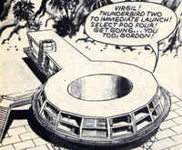 A comic panel of the Round House, with a speech bubble that says "Virgil! Thunderbird Two to immediate launch! Select pod four! Get going..