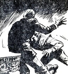 A silhouette of the Hood falls backwards, Scott ramming headfirst into his chest.