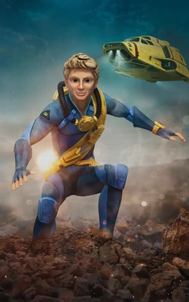 A blond teenage boy with brown eyes crouches on rocky ground. He wears a futuristic blue wetsuit, with a yellow sash slung over left shoulder, a yellow depth gauge on his left wrist, and a yellow rebreather around his neck. A small yellow submarine floats in the upper right corner, in the background.