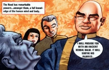 The Hood attends to a sick Jeff Tracy, who is blue and sweating