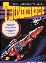 The cover of volume 3, which has artwork of Thunderbird 3 in space