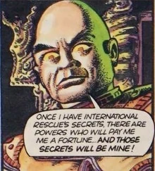 The Hood in his temple, eyes glowing yellow