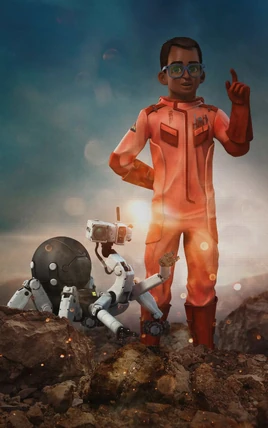 Brains has tan skin, smooth brown hair, blue glasses, and a bright orange tracksuit.