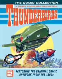 The cover of volume 2, which is mainly blue with different illustrations of Thunderbirds 2 and 1.