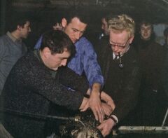 Ian Wingrove believes the guy on right was a handler. The other two are Nick Middleton and Derek Meddings (left and middle respectively).