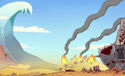 The village in flames (from episode: "Exodus, Part 1")