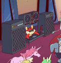 Snarf with boombox, speakers and DJ turntable. (from episode: "Secret of the Unicorn")