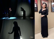 Bên trái: Hình ảnh của Trizzie Phương Trinh tạo thành cái bóng của Phi Nhung trên sân khấu; bên phải: Trizzie với kiểu tóc dài biểu trưng cho hình ảnh của Phi Nhung thuở sinh thời