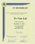 Bằng tưởng niệm Tô Văn Lai bởi hội đồng thành phố Fountain Valley