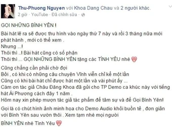 Bài đăng của Thu Phương nói về nhạc phẩm Tôi Thấy Hoa Vàng Trên Cỏ Xanh - tuy Thu Phương không tiết lộ tựa đề nhạc phẩm nhưng nhạc phẩm này đã được trình bày lần đầu bởi Ái Phương khi bộ phim cùng tên ra mắt